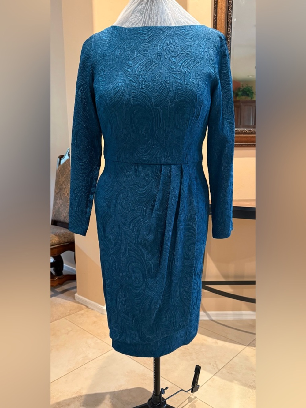 Vintage “The Perfect Dress” - Teal Jacquard Textured Long-Sleeve Sheath Dress